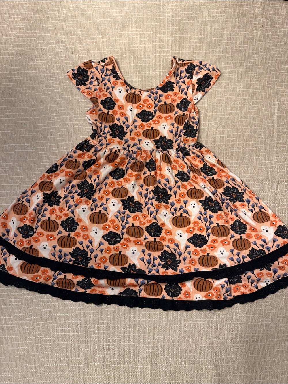 Girls Halloween Pumpkin & Ghost Dress - Orange Floral Print